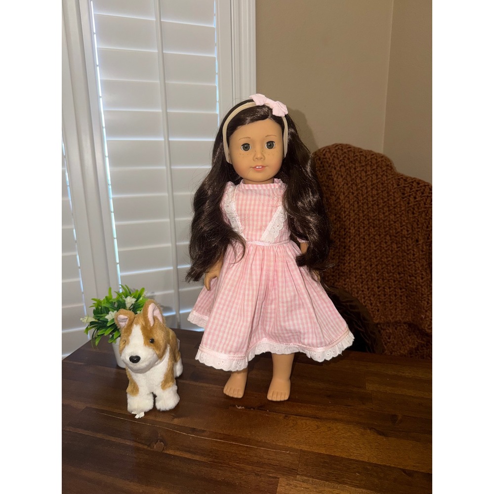 American Girl Truly Me Doll 55 Brown Hair Hazel Eyes Freckles Pink dress &  Dog